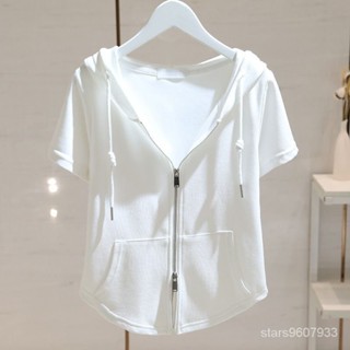 夏季爆款💖白色連帽t恤女短袖2023夏季新款修身顯瘦韓版百搭拉鏈半袖上衣潮 MTM5