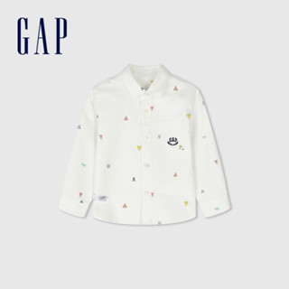 Gap 男幼童裝 Logo純棉小熊印花翻領長袖襯衫-白色(890335)