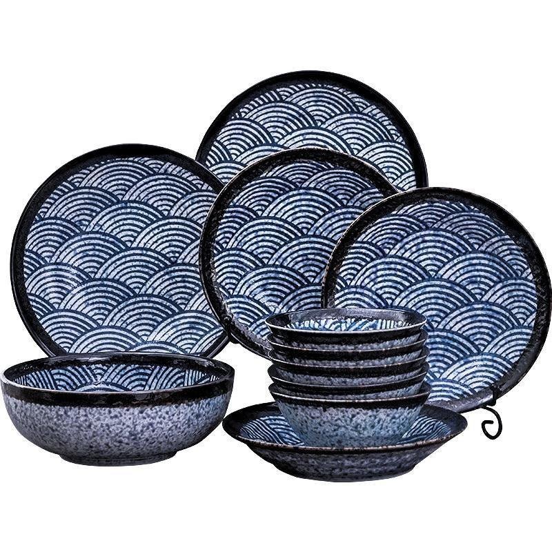 美濃燒日本進口傢用海波紋複古創意日式料理碗盤碟組閤餐具00