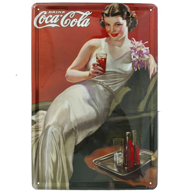 可口可樂 Coca-Cola 早期金屬廣告看板/鐵板 約30x20公分【絕版-紅底長洋裝女孩】【合迷雅旗艦館】