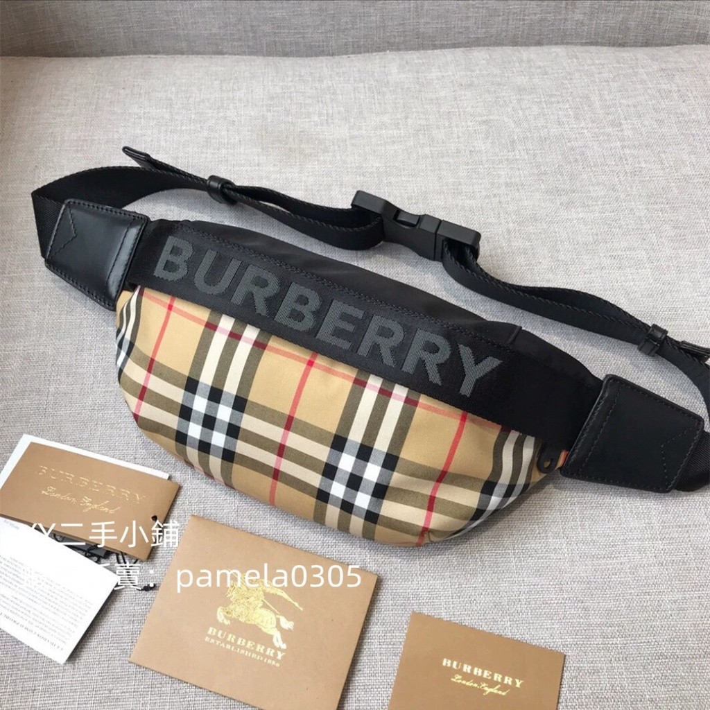 YY二手 Burberry博柏利Vintage格紋字母LOGO印花腰包 胸包單肩包 下挎包男女同款