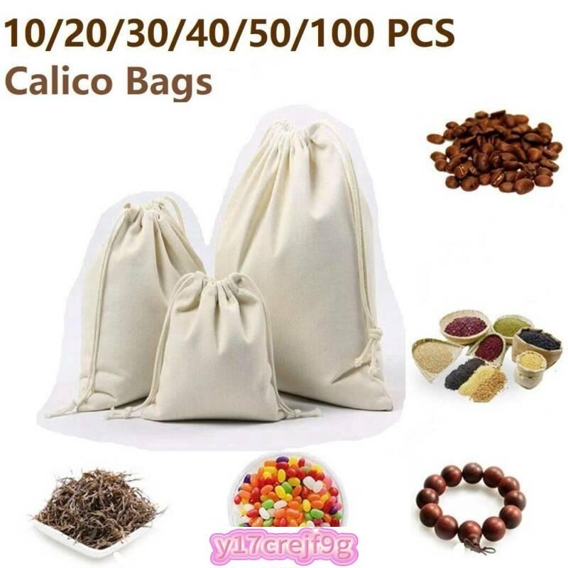10PCS Calico Drawstring Bags Natural Cotton Bags for Kitchen