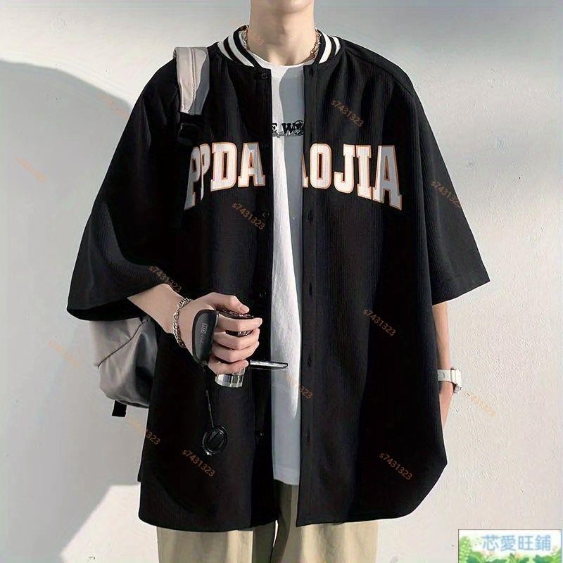 棒球襯衫 夏季棒球領短袖襯衫男潮牌寬松大碼胖子半袖美式高街印花開衫外套