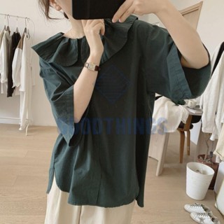 【GOODTHINGS】荷葉領襯衫女 寬松顯瘦 棉質減齡短袖娃娃衫 夏季女裝 短袖t恤 大尺碼女裝 短袖上衣 休閒上衣女