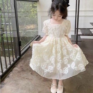 💕洋洋兒童店💕 女童短袖洋裝 兒童洋裝 女童公主裙 夏季新款方領洋氣時尚女寶寶泡泡袖連衣裙禮服裙潮 女童連衣裙 女童裙子