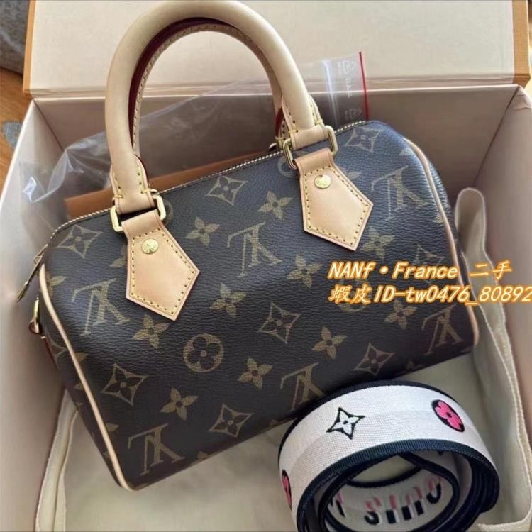 二手全新精品 LV 路易威登 新款Speedy 20 波士頓包 黑色/粉色肩帶 肩背斜背枕頭包 M46234 實拍