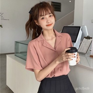 短袖襯衫 薄款女襯衫 短袖上衣 短袖t恤 設計感小眾上衣 雪紡上衣 韓版寬鬆西裝領短袖襯衫 顯瘦上衣 寬鬆上衣 素T