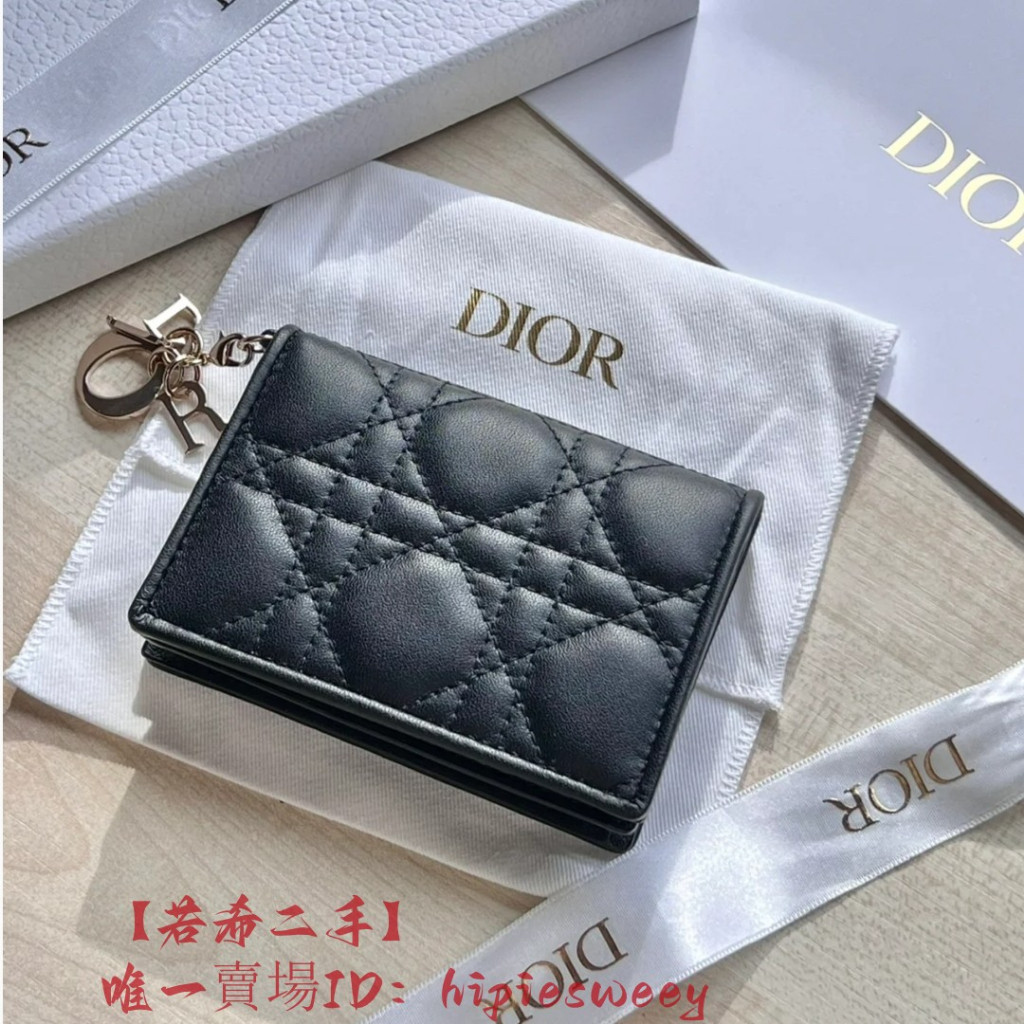 二手 Dior 迪奧 S0178ONMJ Lady 灰色 藤格紋 羊皮革 迷你 對折 錢包 皮夾 短夾 卡包 零錢包