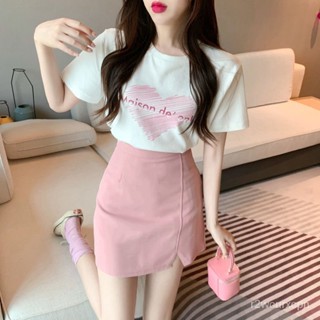 韓版時尚套裝 愛心字母印花短袖T恤 糖果色 開叉短裙 高腰半身裙 甜美清新減齡 寬鬆圓領純棉T半身短裙 兩件式套裝女生夏