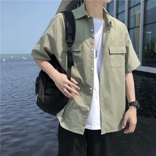 港風ins襯衫男短袖韓版純色工裝襯衣潮流夏季薄款五分半袖日系 男士襯衫 短袖襯衫男 棉質襯衫 爸爸裝襯衫 大尺碼襯衫