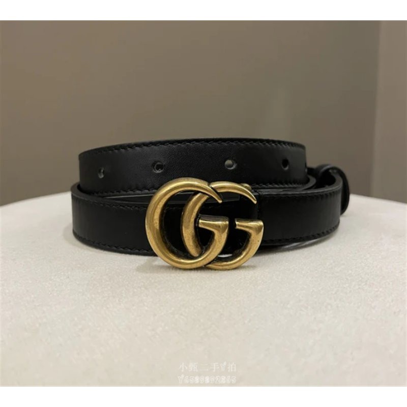 精品二手GUCCI 皮帶 寬版1.8cm 皮帶 腰帶 復古GG扣 黑色牛皮 真品