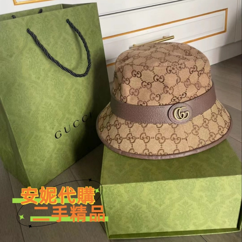 GUCCI 古馳 雙G金扣 滿logo印花 帆布 漁夫帽 古馳帽子 576587 配飾