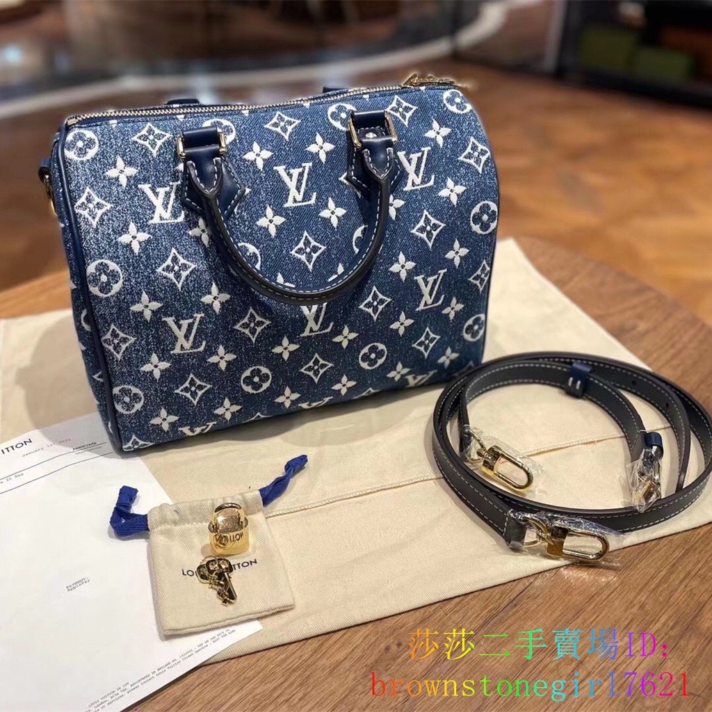 LV 路易威登 SPEEDY 25 老花圖案 丹寧牛仔佈 手提包 單肩包 斜挎包 M59609 男女同款