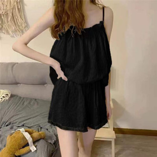 M-5XL 韓版吊帶兩件套居家服 可愛甜美睡衣 短褲 寬鬆顯瘦 性感露背 睡衣 大尺碼睡衣套裝