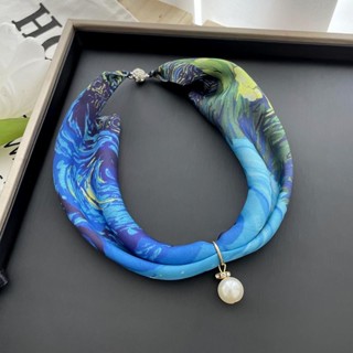 優選精品❈磁吸扣油畫小絲巾珍珠項鏈懶人領巾鎖骨頸帶高階感搭配襯衫女夏季Q