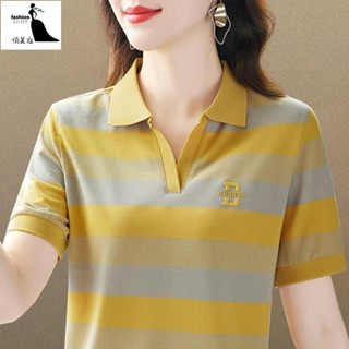 俏美衣 中年人翻領短袖t恤女夏季新款透氣中年媽媽大碼上衣高檔polo 衫 女