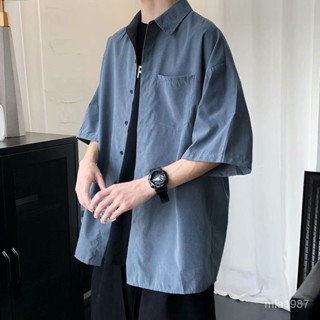 2024年素色短袖襯衣男夏季韓版潮流寬鬆五分袖港風休閒百搭襯衫外套 8VES