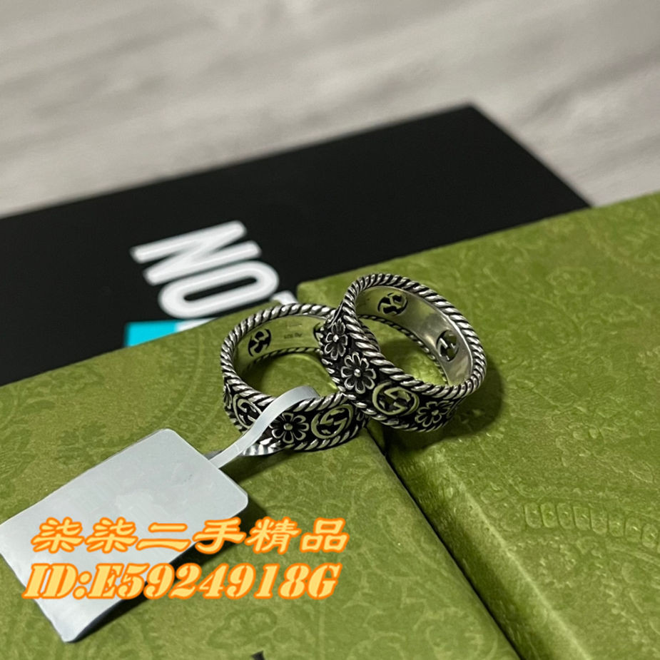 GUCCI 古馳 Interlocking 花朵雙G 銀戒指 復古戒指 情侶戒指 577263