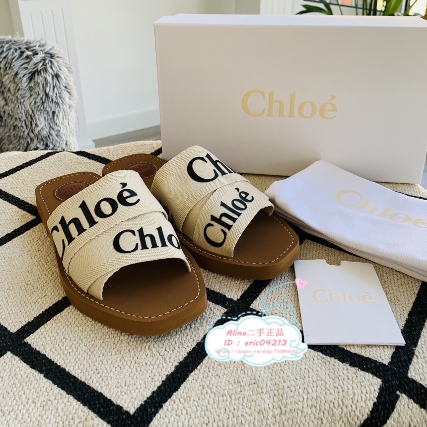 【Alina二手正品】CHLOE 蔻依 WOODY FLAT Logo 印花帆布拖鞋 涼鞋 拖鞋