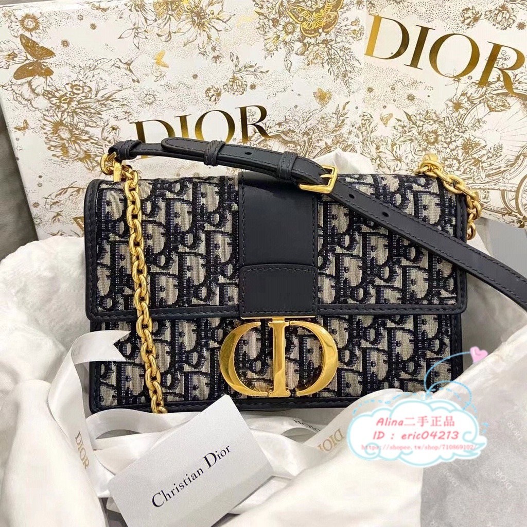 【Alina二手正品】DIOR 迪奧 MONTAIGNE 30 鍊條包 Oblique藍色印花 蒙田包 斜背包