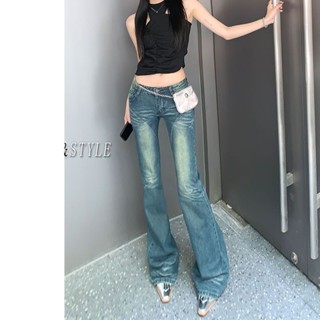 【美式牛仔長褲】復古美式做舊微喇牛仔褲女春夏低腰設計感彈力修身顯瘦拖地喇叭褲