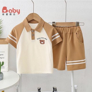 Baby家童裝店 兒童夏季套裝 新款男童洋氣男寶寶夏季短袖polo衫兩件套小童裝