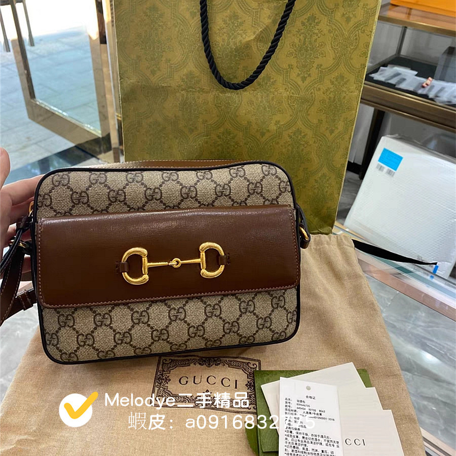 e二手精品【GUCCI古馳】Horsebit 馬銜扣 1955側背包相機包 棕色斜背包 645454女生包包