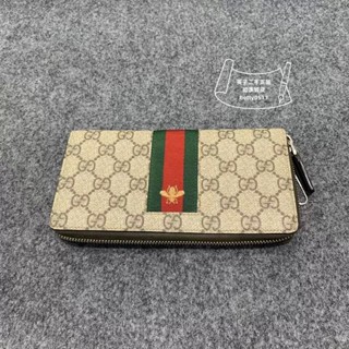 GUCCI 古馳 蜜蜂刺繡長夾 條紋織帶 老花帆布 408831 長款拉鏈錢夾 零錢包 多功能長夾