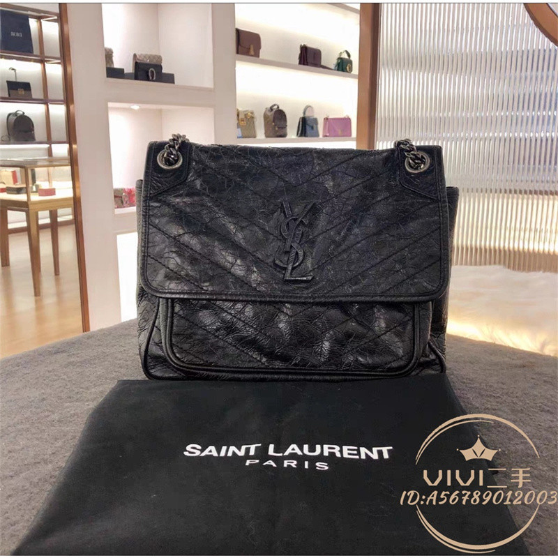 正品現貨 YSL 聖羅蘭 laurent Niki 中號 黑logo 銀鏈條 小號流浪包斜背包 6331840