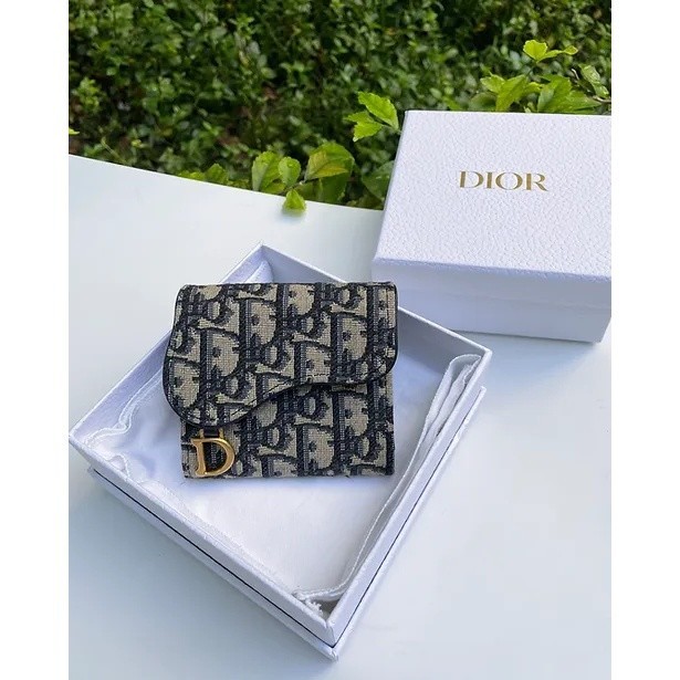 二手 DIOR 迪奧 SADDLE LOTUS 錢包 三折短夾藍色 Dior Oblique 提花 零錢包