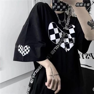 【大尺碼女裝M-5XL 40-150kg】胖mm2-300斤暗系愛心棋盤格短袖t恤女夏寬鬆韓版遮肉短袖學生上衣