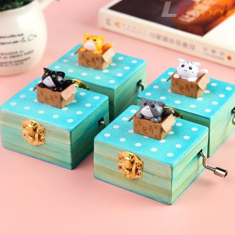 可愛小貓木質迷你手搖八音盒 日式生日禮物音樂 盒機械傳動好玩 好聽