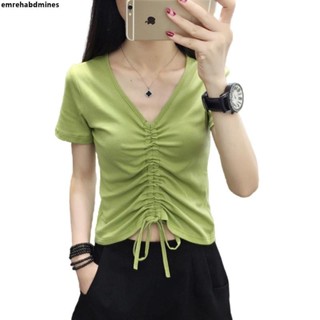 女短袖性感T賉👕純棉抽繩設計果綠短袖2024夏季上衣小心機緊身露臍短袖t恤女上衣