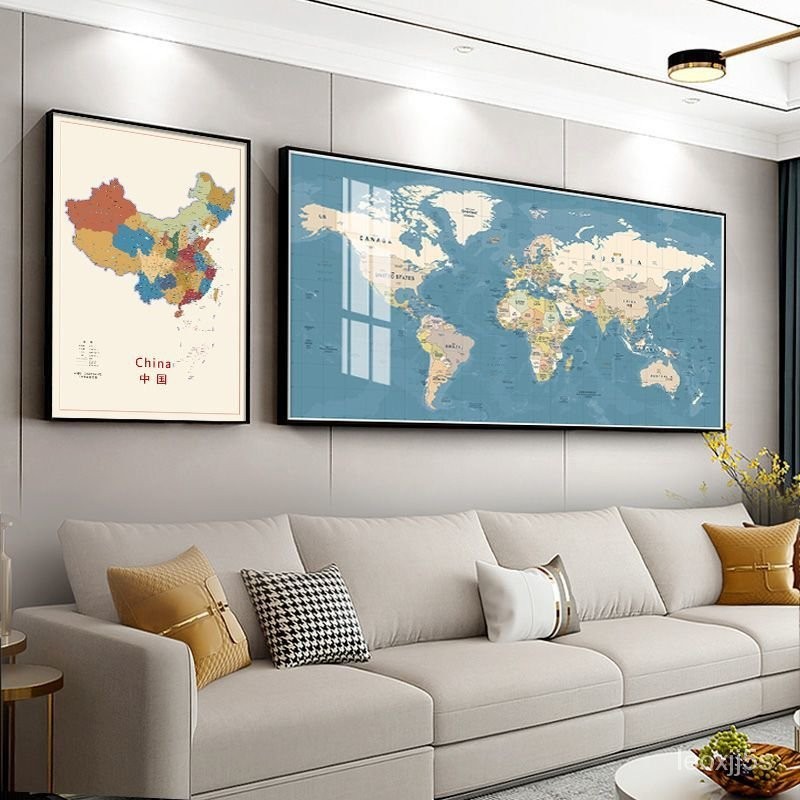 客廳中英文中國世界地圖掛畵書房沙髮背景墻裝飾畵辦公室地圖壁畵