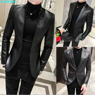 臺灣之光春秋無領皮西裝男立領新款韓版青年髮型師帥氣小西裝緊身外套 潮 皮衣外套 機車外套 男生外套 皮外套 機車皮衣 刷