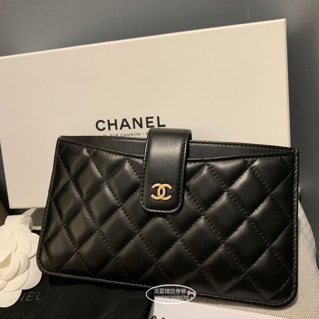 二手精品 Chanel 菱格紋羊皮二合一扁長夾 黑金 香奈兒 皮夾 現貨