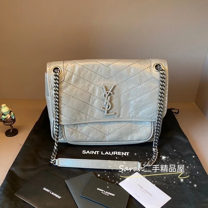 二手精品 YSL聖羅蘭SAINT LAURENT NIKI 4988940 中款 灰白色 流浪包 銀鏈