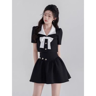 【Princess Home】套裝女 jk套裝 黑色小香風套裝 蝴蝶結短外套 高腰顯瘦半身裙女氣質高階感套裝 學院風套裝