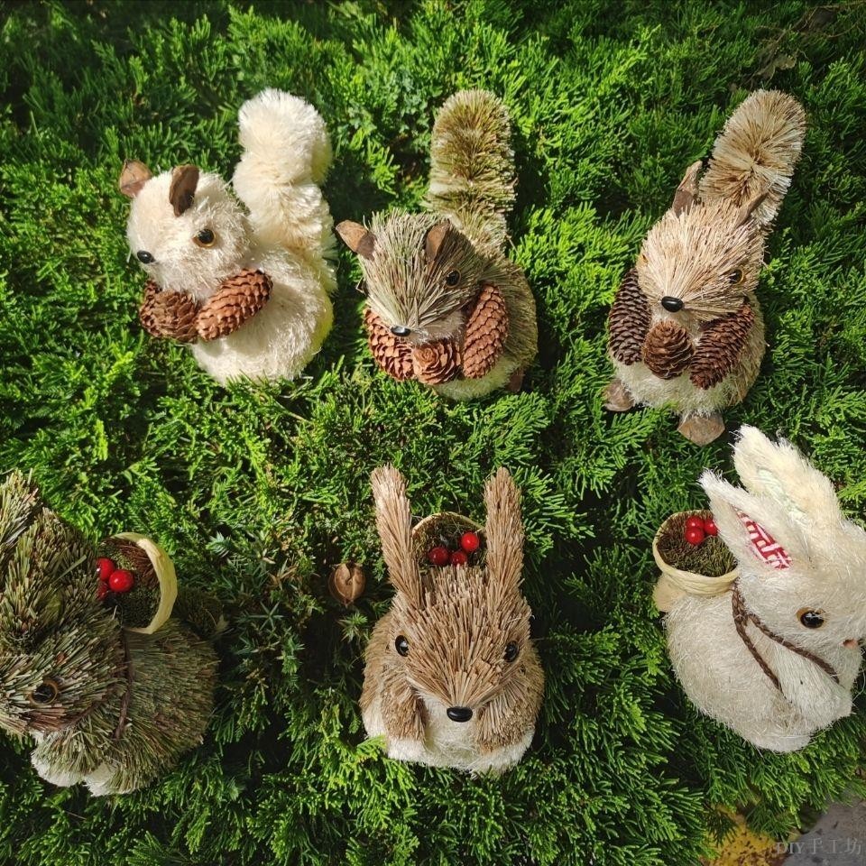 手工草編兔子松鼠 綠植裝飾萌寵可愛兔大尾巴麻質松鼠田園風 DIY手工坊