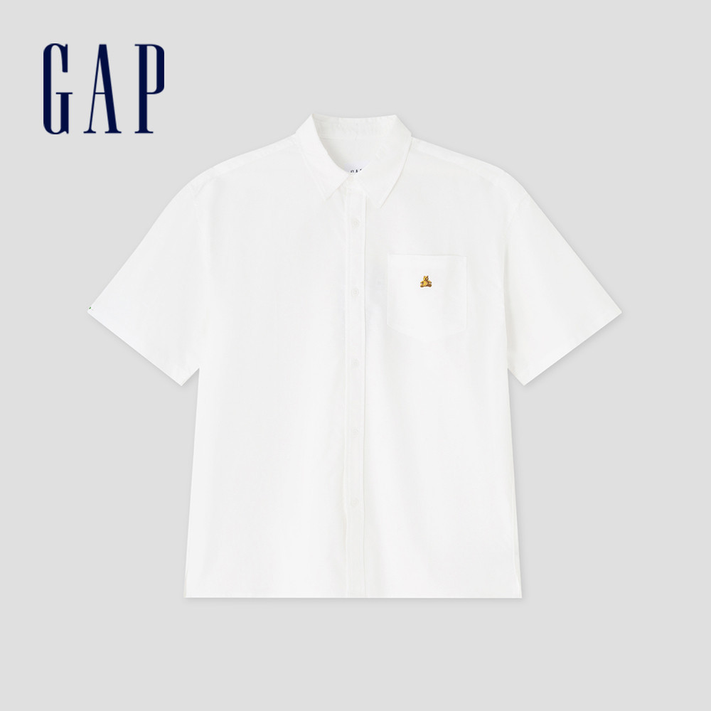 Gap 男裝 純棉小熊刺繡翻領短袖襯衫-米白色(890877)