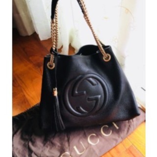 幸運星二手 GUCCI SOHO 大logo 流蘇鏈條 黑色全牛皮肩背包