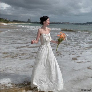 A字吊帶裙 韓版女裝吊帶洋裝 波西米亞風長洋裝 白色蝴蝶結吊帶洋裝度假長裙 #比莉時尚