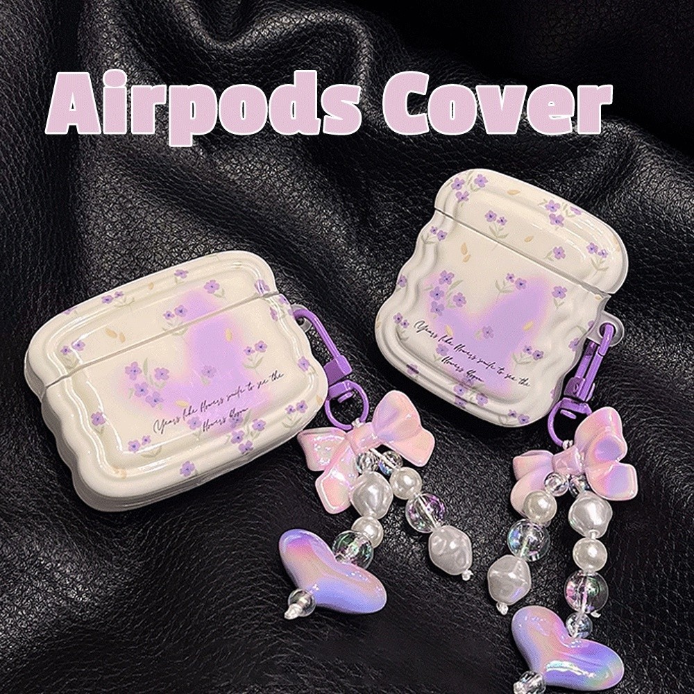 熱賣︱春季紫色花朵蝴蝶帶鏈 AirPods 保護套藍牙無線耳機軟 TPU 保護套兼容 AirPods 1/2/3/Pro