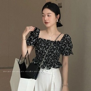 泡泡袖襯衫女🎀 夏季新款法式方領泡泡短袖上衣碎花木耳邊修身小眾襯衫女士