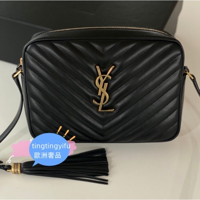 二手特價 YSL 鏈條包612544黑全皮金字Logo 山形紋 流蘇相機包 側背包 斜跨包 女包 免運