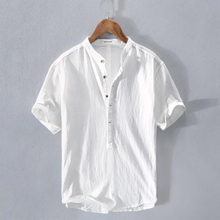 短袖上衣 美式上衣 t恤 亞麻短袖T恤男士套頭夏季圓領中國風立領棉麻布體恤衫白色薄襯衣