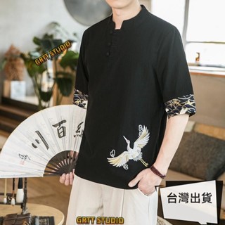 免運 男士短袖T恤 M-5XL 民族風仙鶴刺繡棉麻立領盤扣上衣 國潮寬鬆大尺碼短袖襯衫 舒適透氣唐裝 茶服漢服 短T