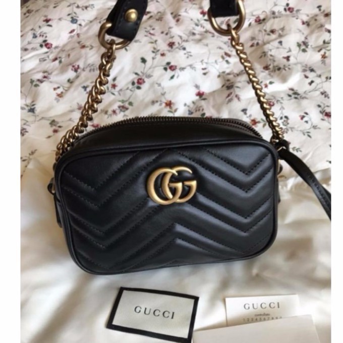 二手 GUCCI GG Marmont matelassé 448065 黑色相機包 鏈條 斜背包 黑色