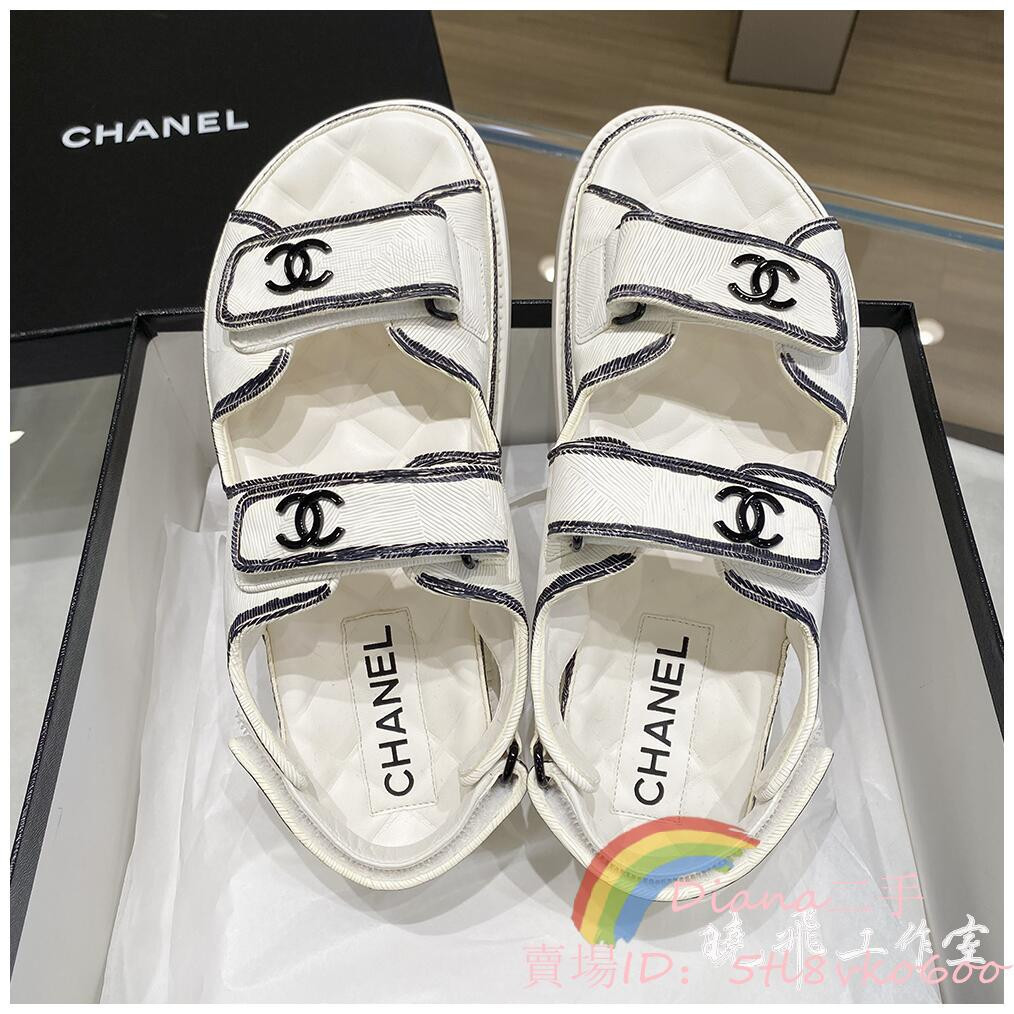 Diana二手 CHANEL 香奈兒 23P新款 白色黑邊 漫畫線條 魔術貼 女生涼鞋 仙女涼拖鞋