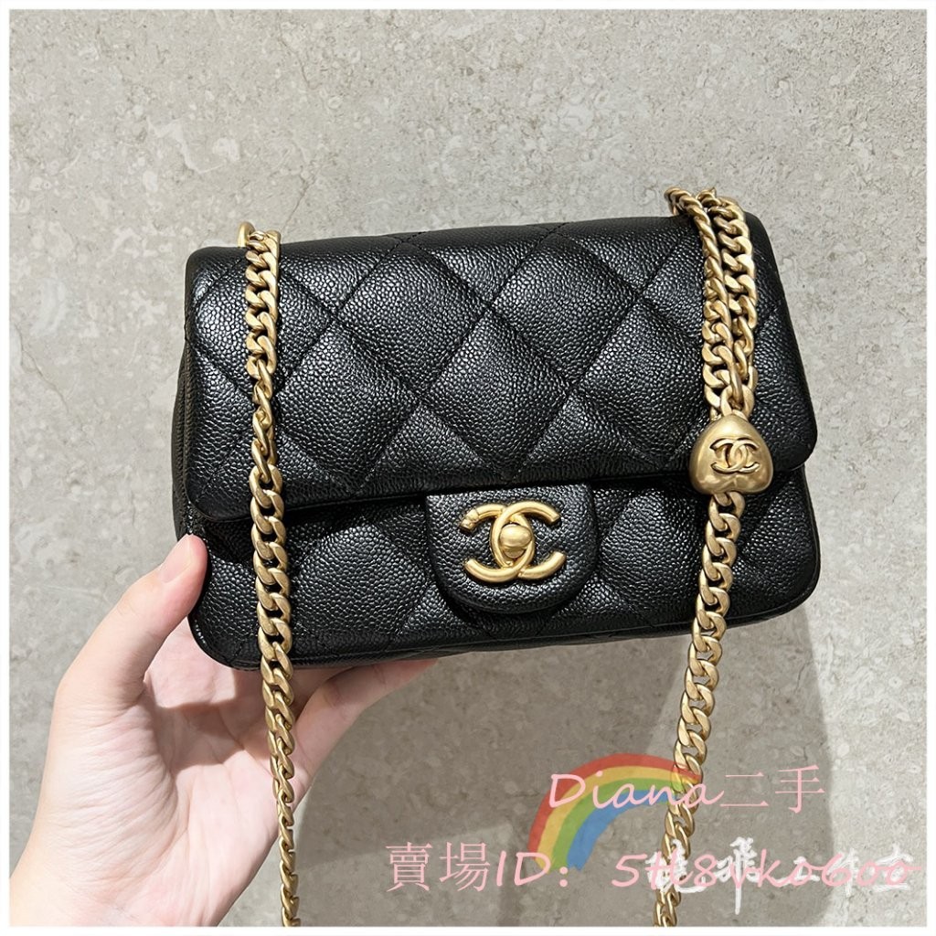 二手精品 CHANEL 香奈兒 23P 新款 黑色 調節愛心 荔枝牛皮 方胖子 鏈條包 肩背包 AS3921